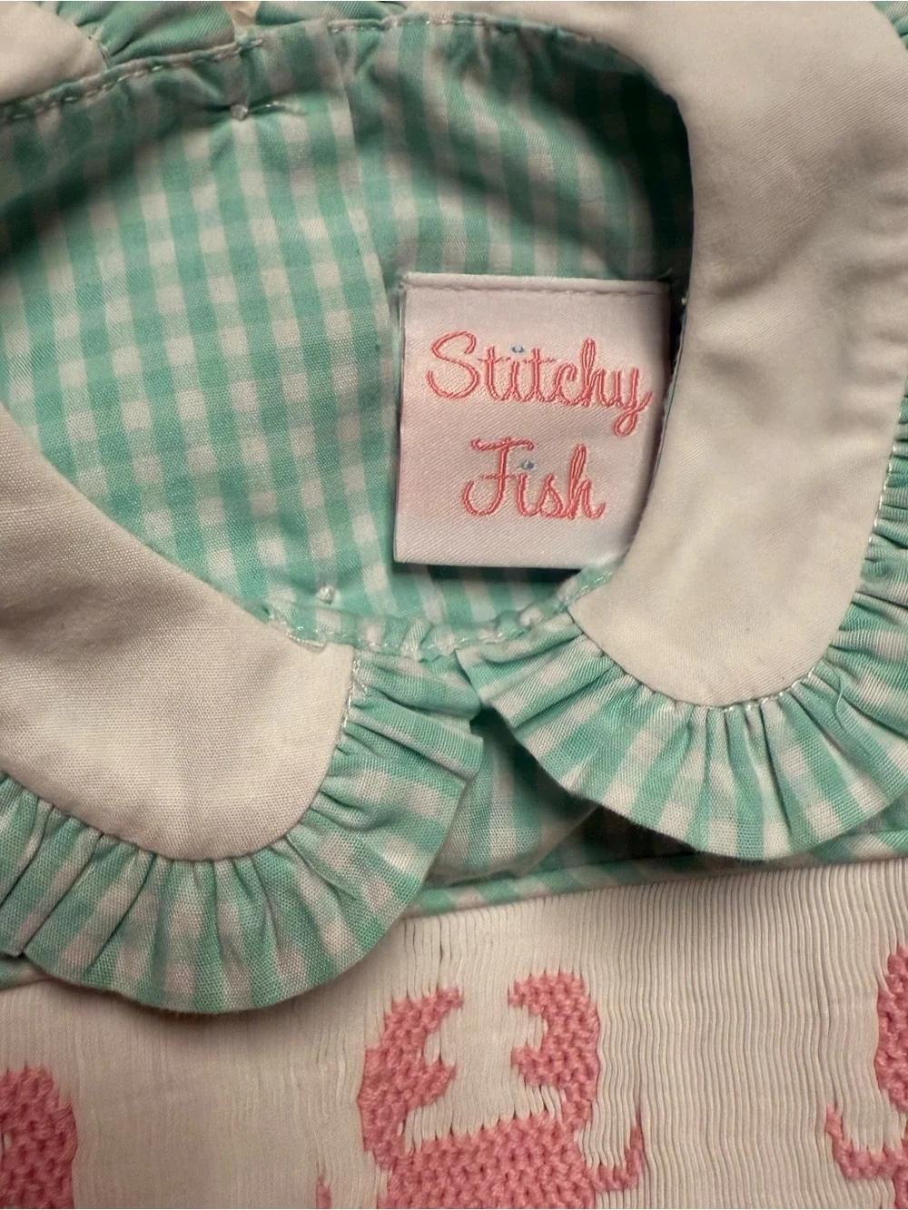 Stitchy Fish pink crab white collar Smocking Mint Gingham Bubble Romper